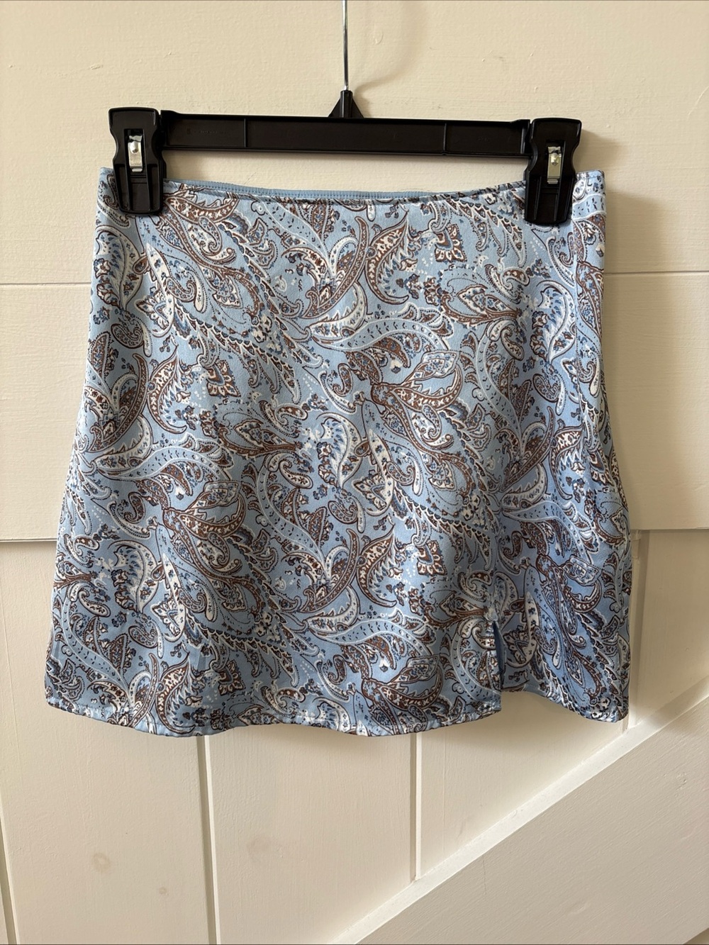 Hollister Blue Brown Paisley High Rise Mini Skirt Side Slit XS Lined Satin Y2K